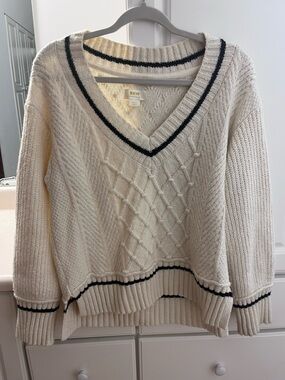 Anthropologie Maeve Cream V-Neck Sweater with Black Trim